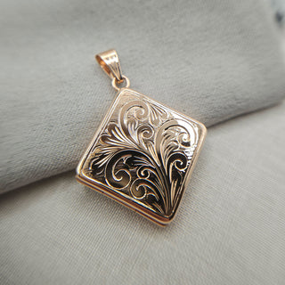 vintage style engraved square locket with 9ct rose gold