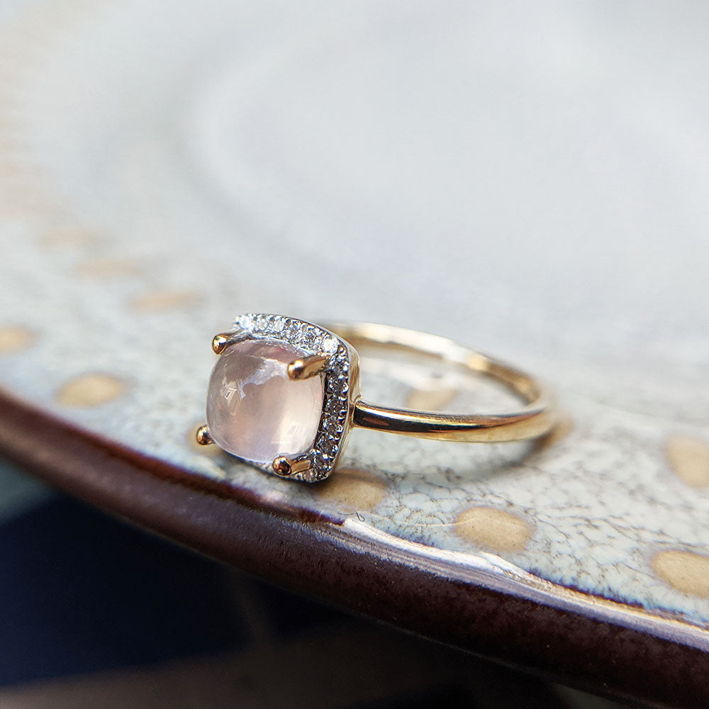 rose quartz and diamond cluster ring in yellow gold