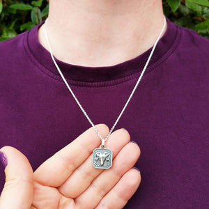 zodiac sign necklace on man's neck