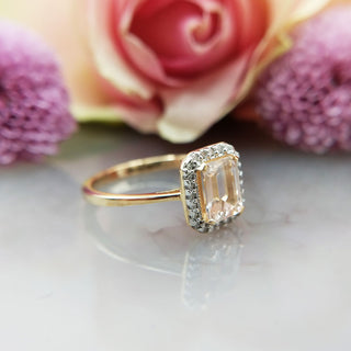 emerald cut morganite ring with diamonds