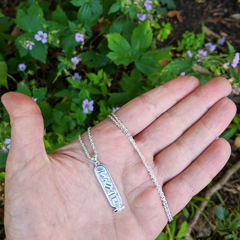 cartouche pendant necklace in hand for scale