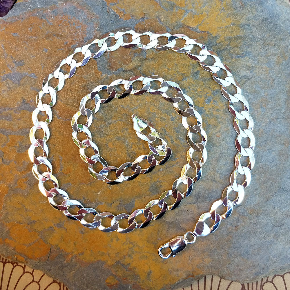 925 Solid Sterling Silver 9mm Heavy Curb Link Chain Necklace – 20, 22, 24 Inch – Made In UK