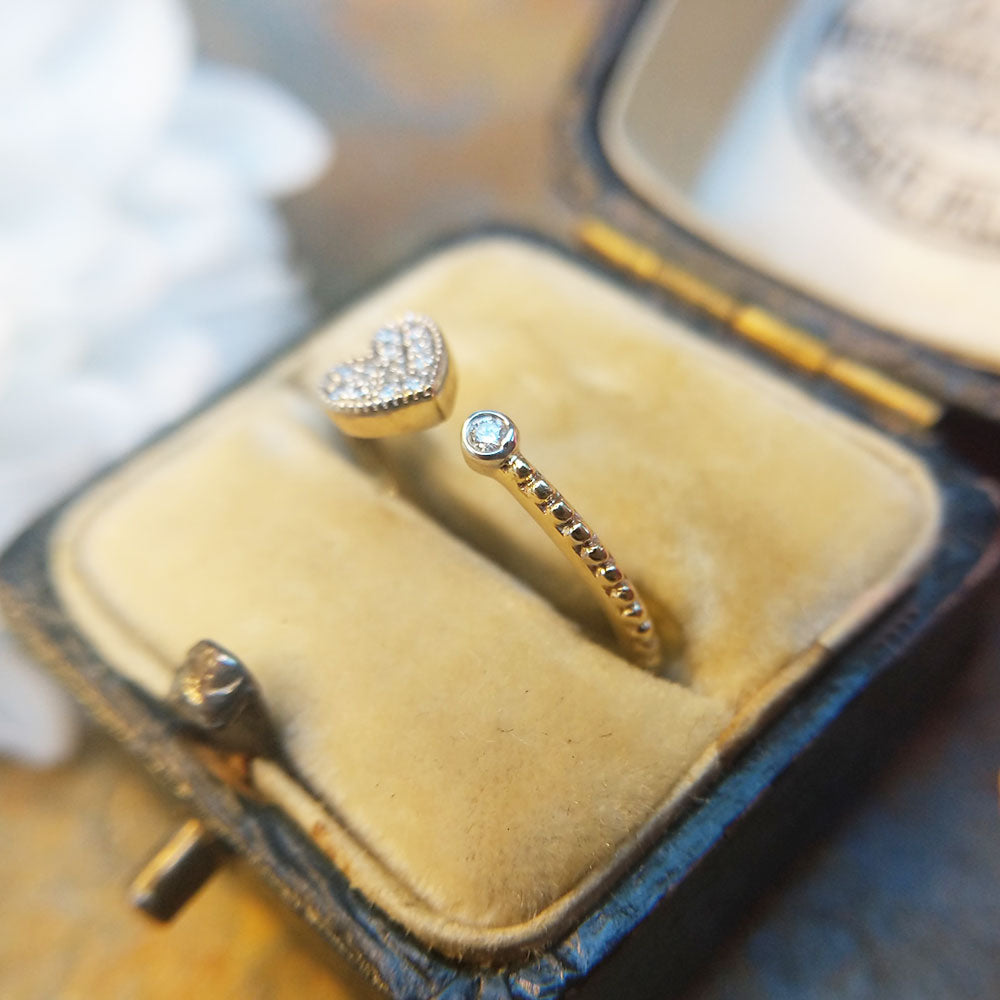 10k Yellow Gold Open Heart Diamond Ring - Dainty Two-Stone Promise Ring, Handmade In USA - View #8