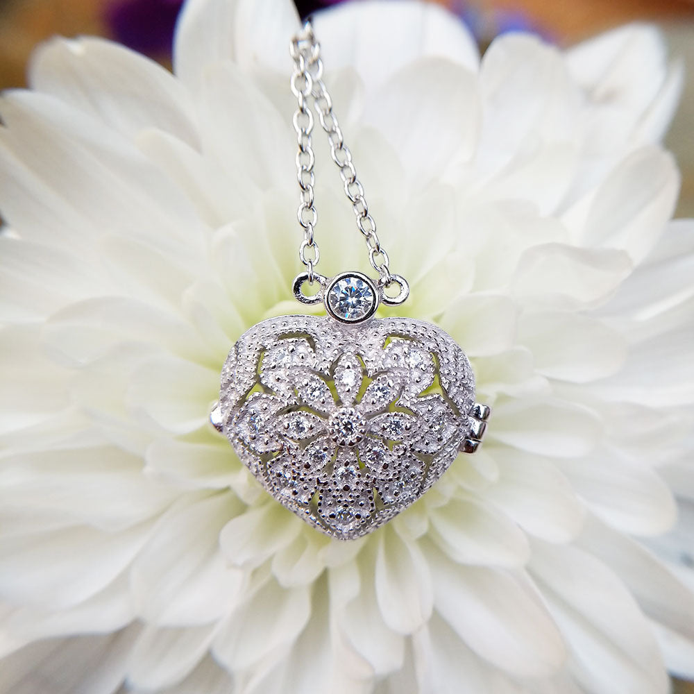 Vintage Style Heart Locket Necklace with Cubic Zirconia