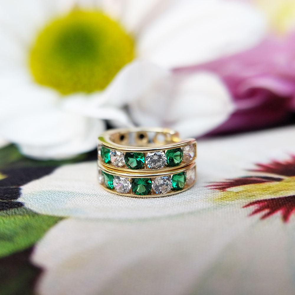 emerald and diamond CZ huggie earrings