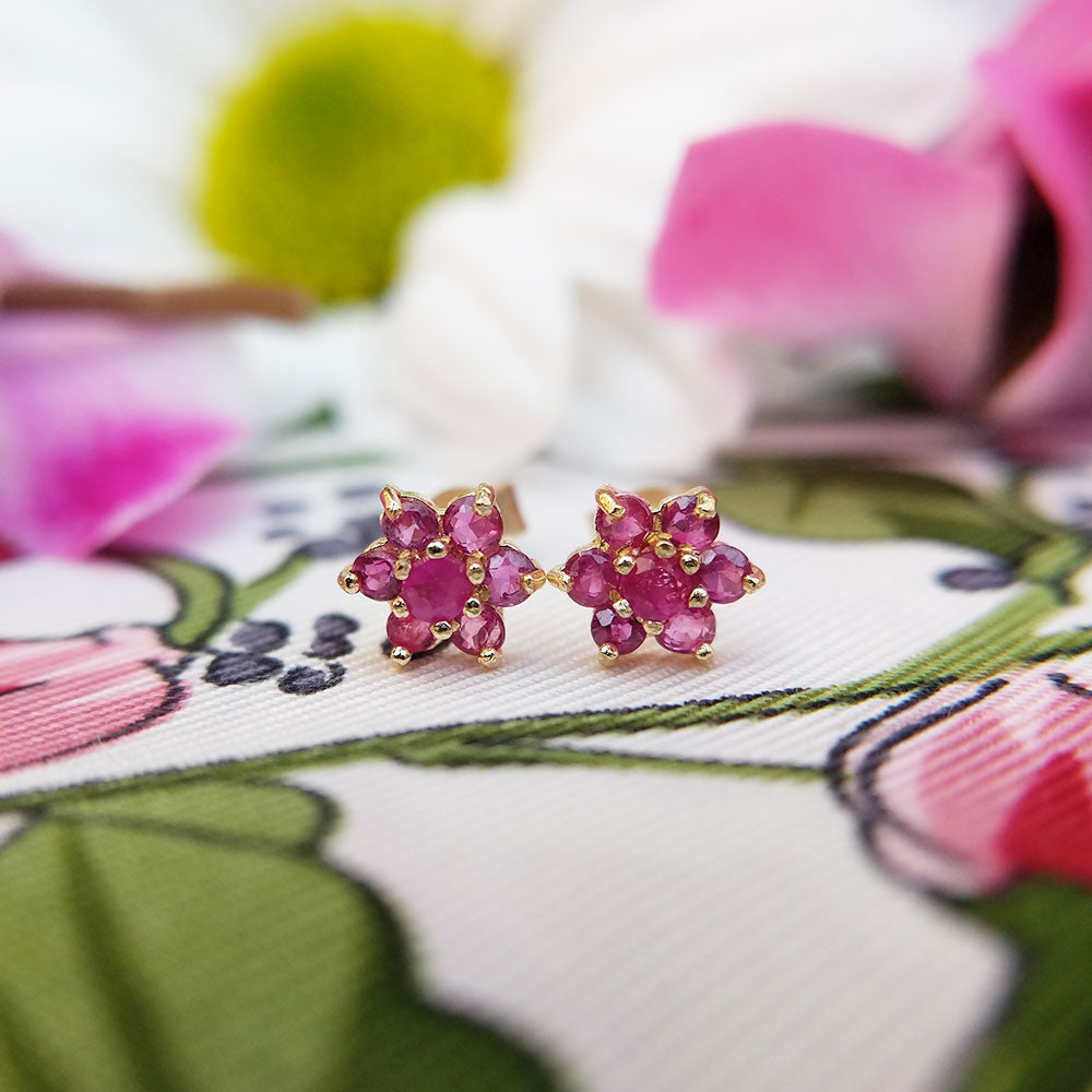dainty ruby flower stud earrings