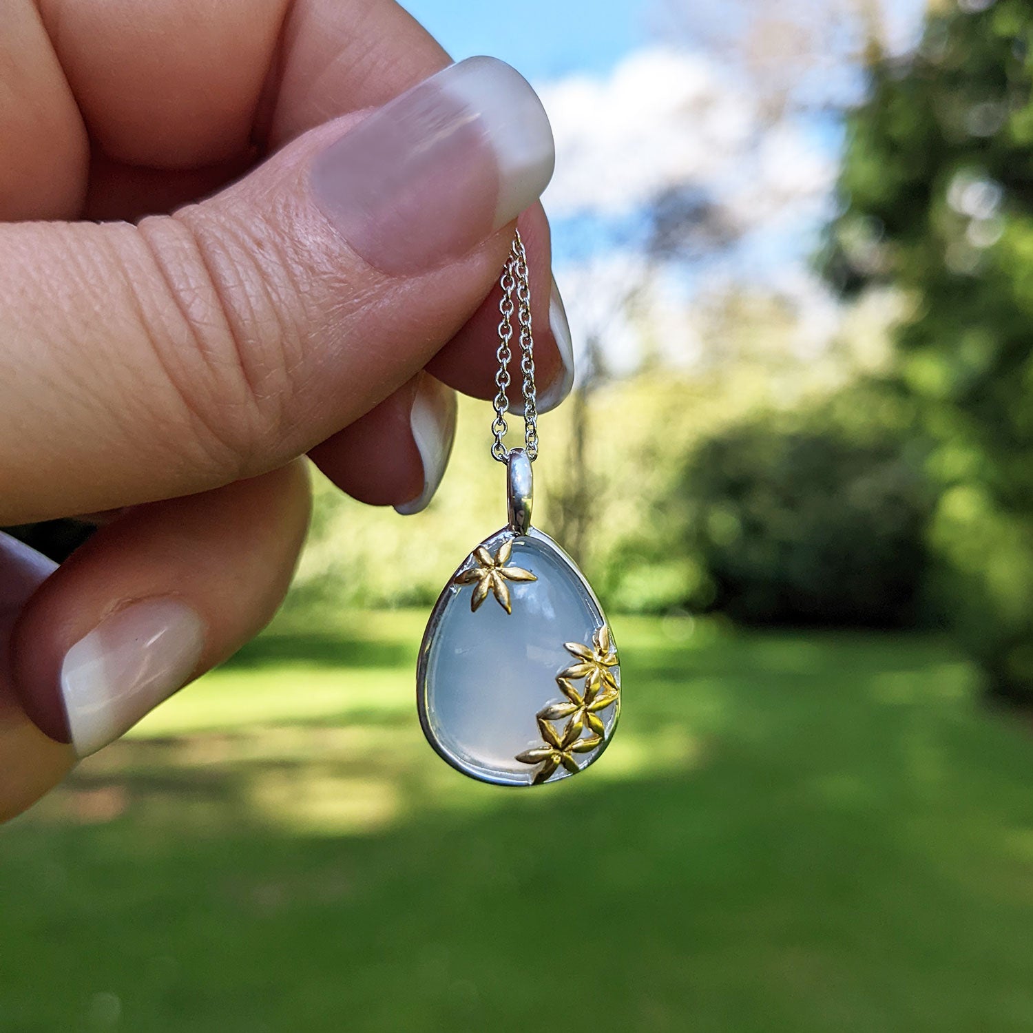 blue chalcedony pendant and chain in sterling silver