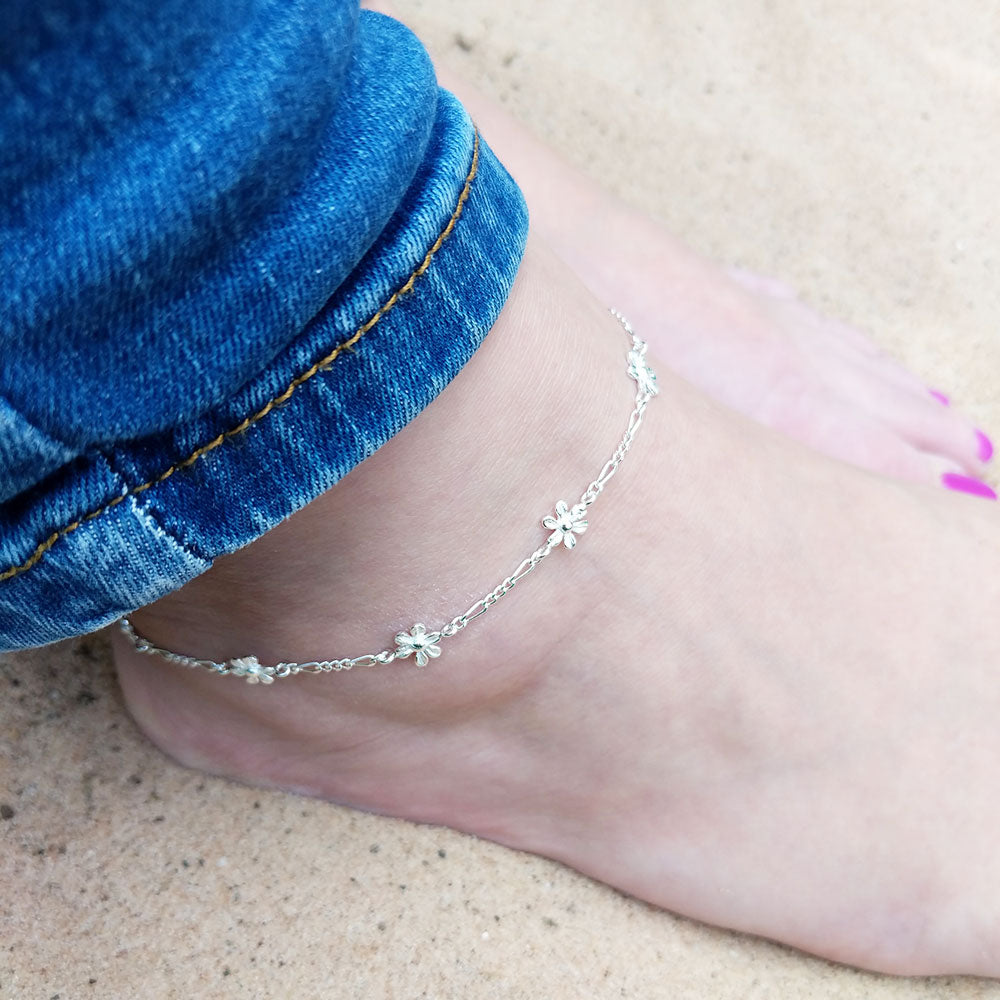 silver floral anklet