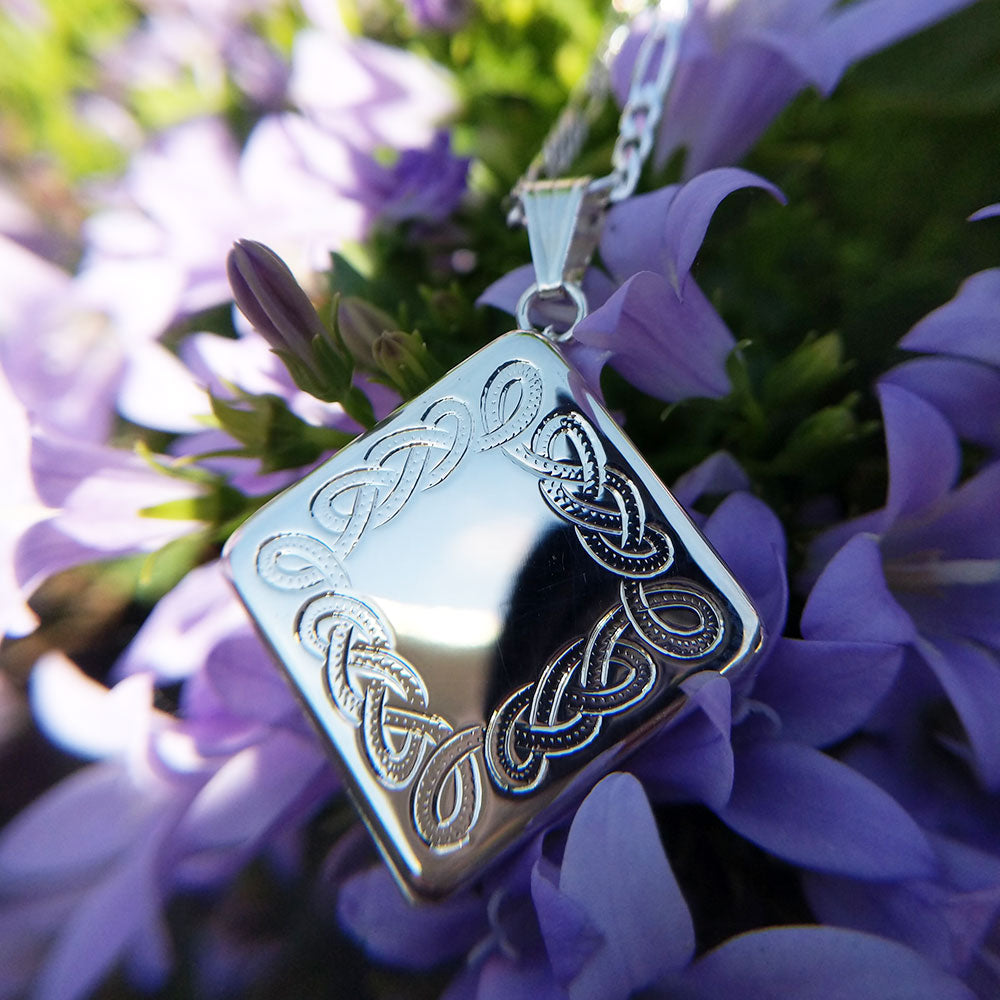 sterling silver square locket with celtic engraving