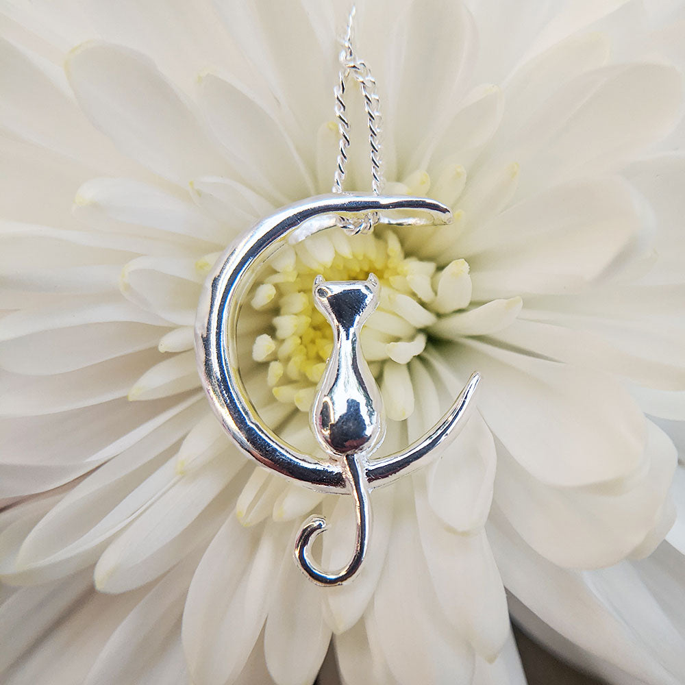 silver cat moon necklace