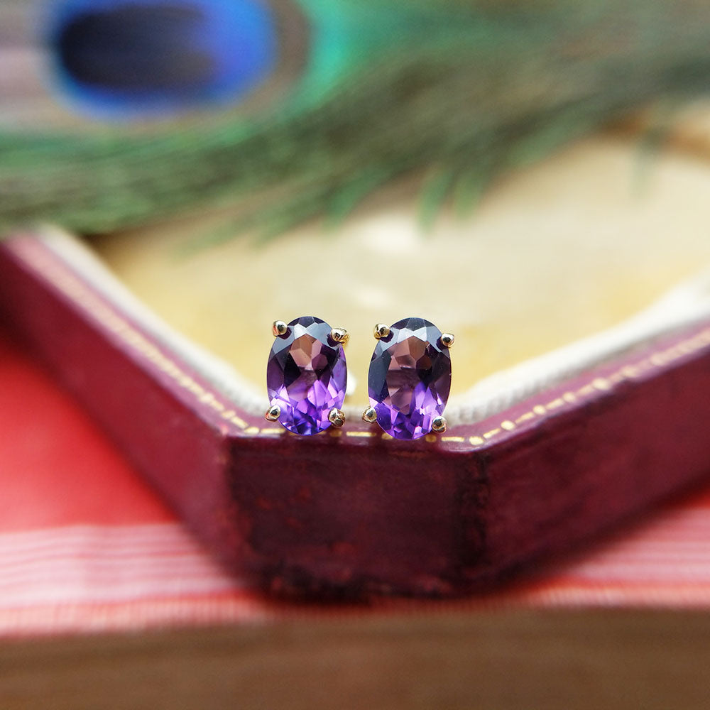 9ct Gold Oval Amethyst Stud Earrings February Birthstone