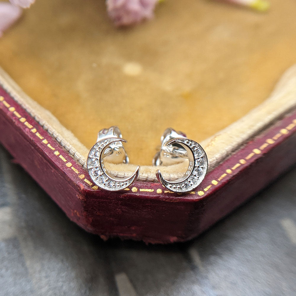 crescent moon studs in sterling silver