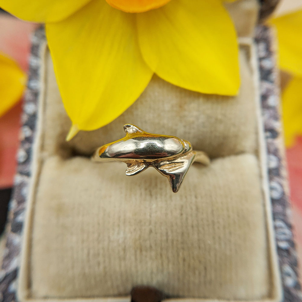 Dainty Yellow Gold CZ Dolphin Ring