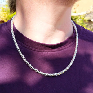 men's silver box chain on neck