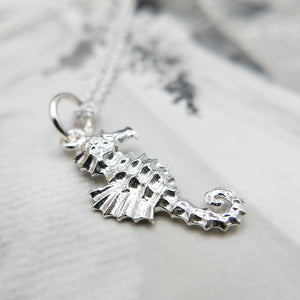 close up of silver seahorse charm