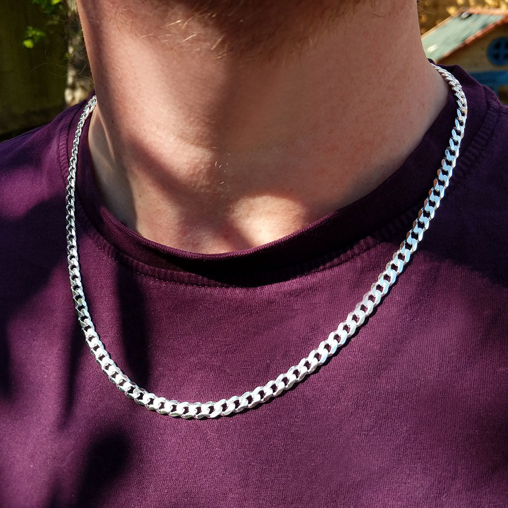 Solid Sterling Silver 5.5mm Bevelled Curb Chain Necklace