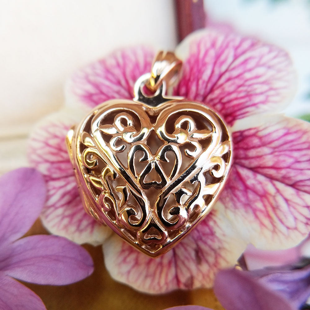 rose gold filigree heart locket