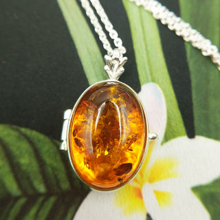 silver amber locket necklaec