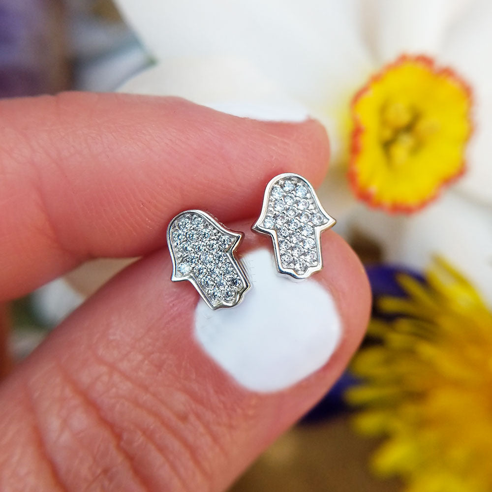 9ct White Gold Hamsa Hand CZ Stud Earrings - Main Image
