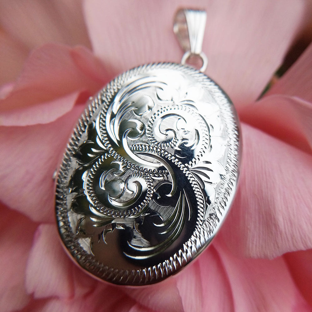 Large Engraved 4 Photo Family Oval Locket Necklace in Silver