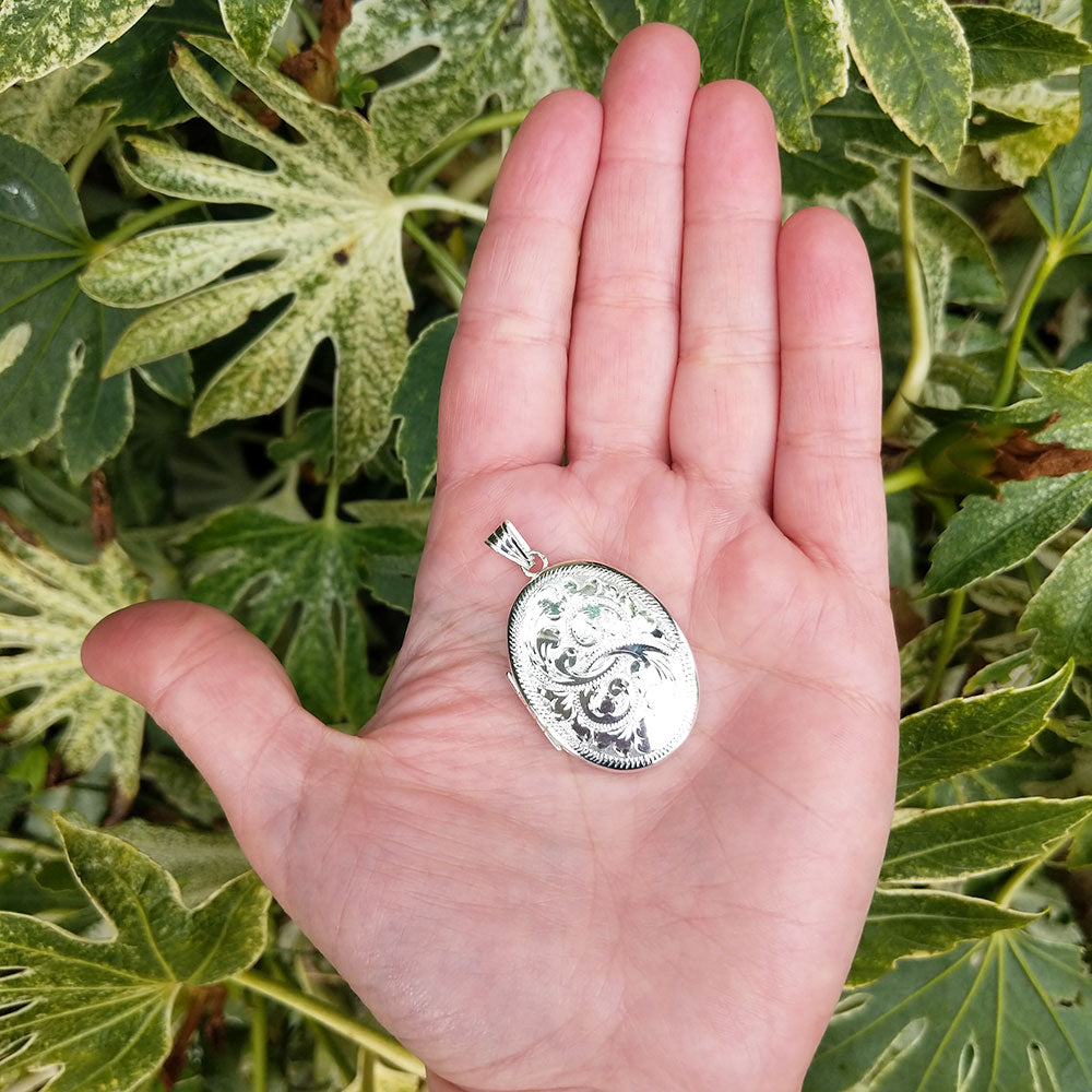 Large Engraved 4 Photo Family Oval Locket Necklace in Silver