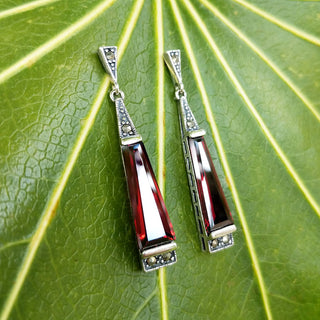 garnet CZ drop earrings with marcasite stones