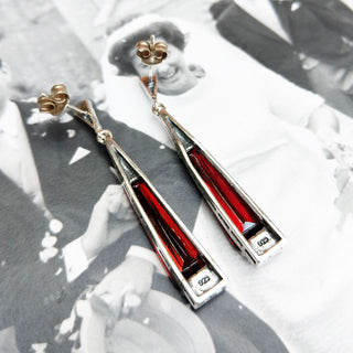 view of the underside of the garnet drop earrings