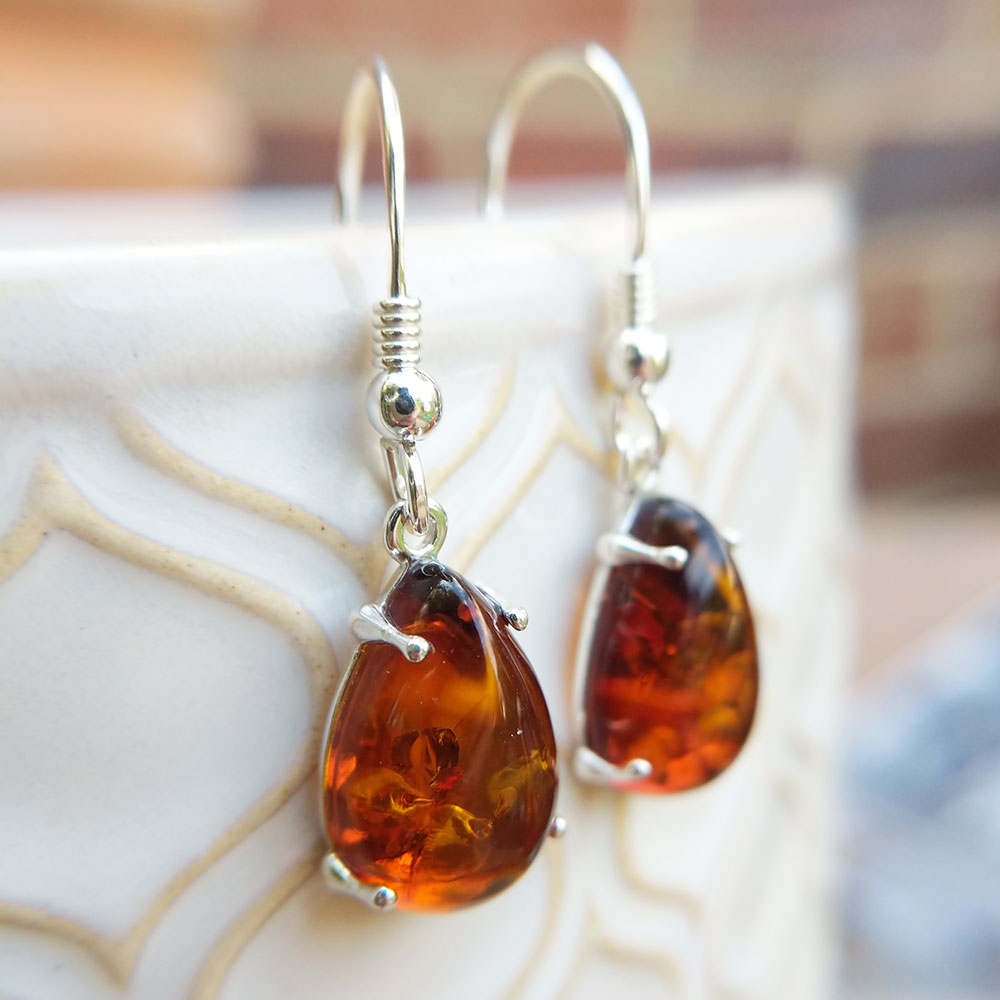 amber drop earrings in sterling silver
