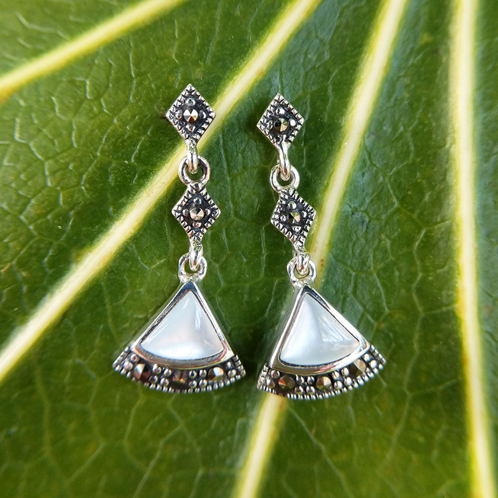 women's art deco drop earrings with mother of pearl and marcasite