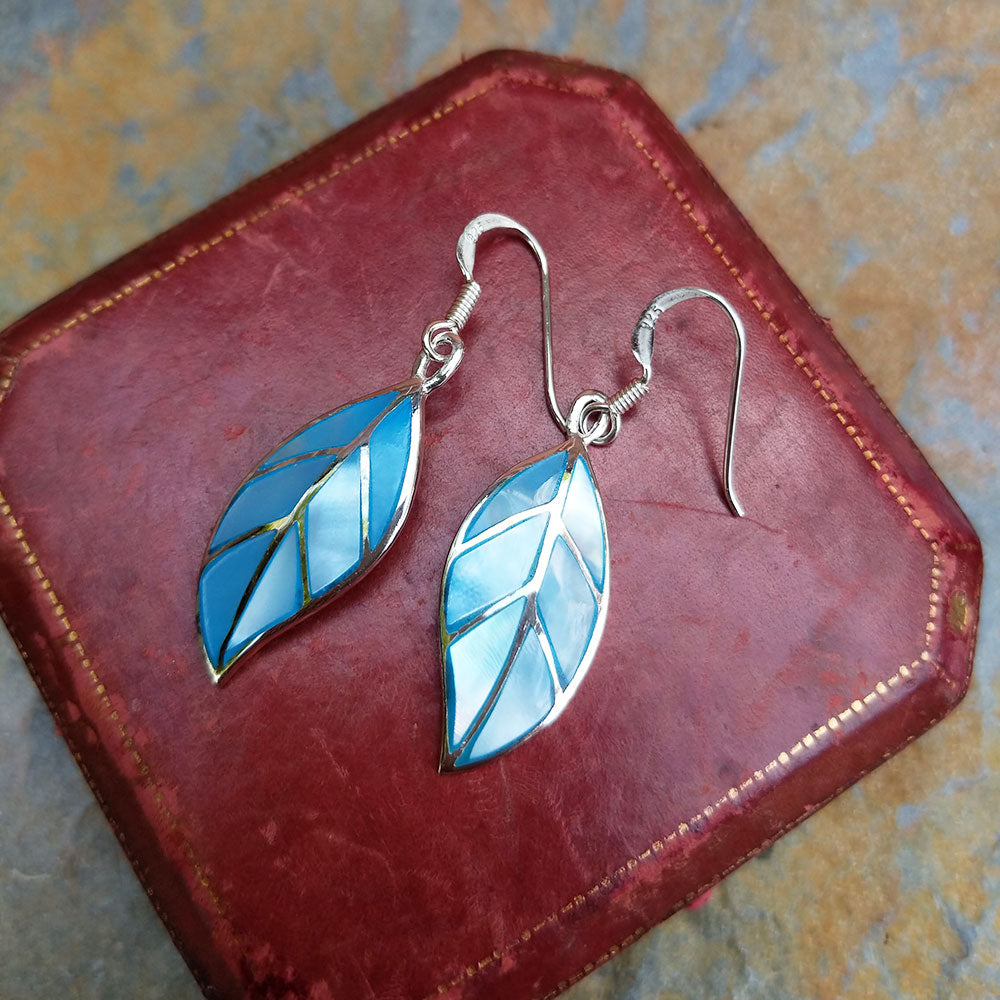 leaf dangle earrings with mother of pearl