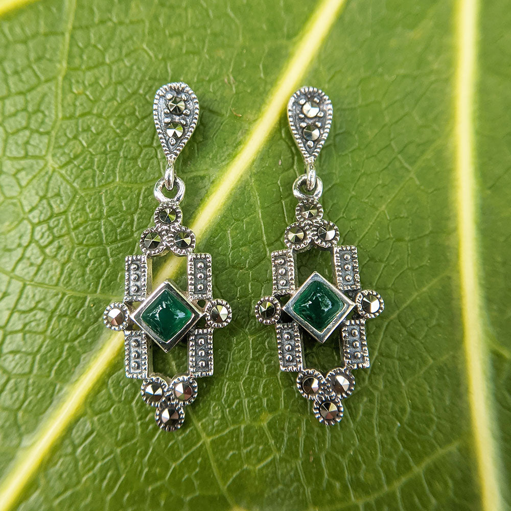 marcasite and green agate deco drop earrings