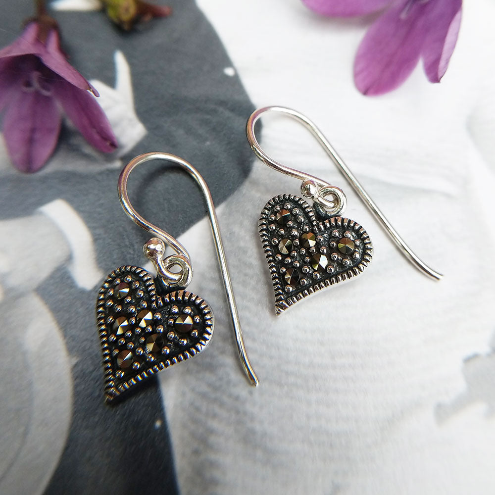 Sterling Silver Marcasite Heart Dangle Earrings