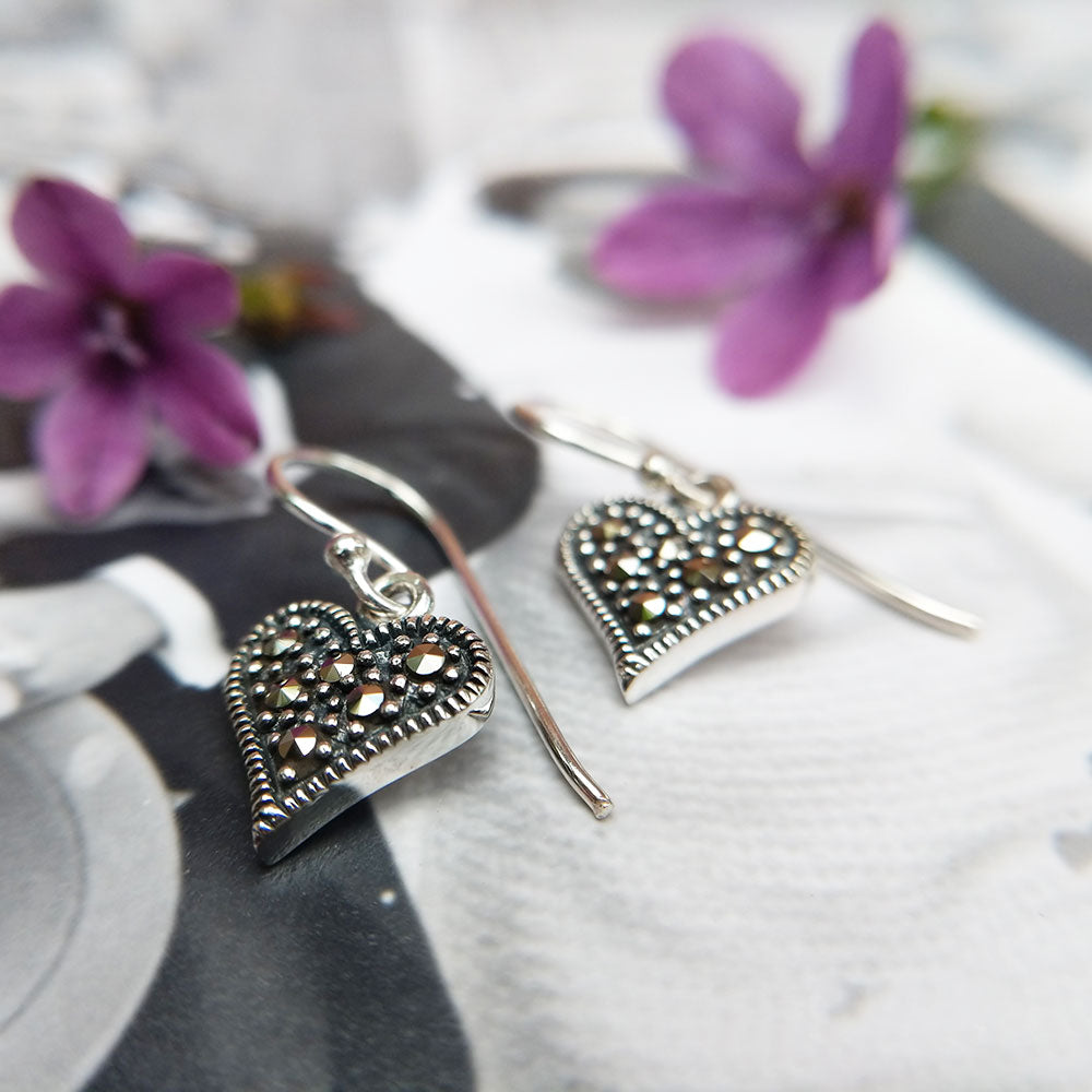 Sterling Silver Marcasite Heart Dangle Earrings - Main Image