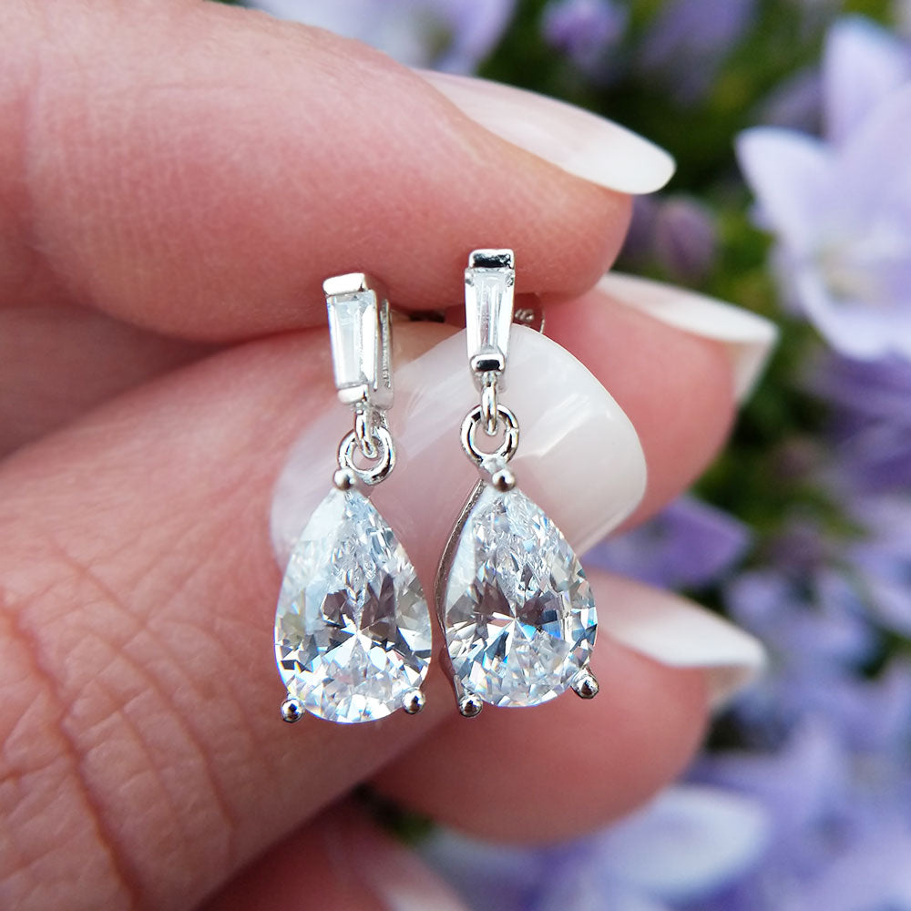 silver pear drop cubic zirconia earrings