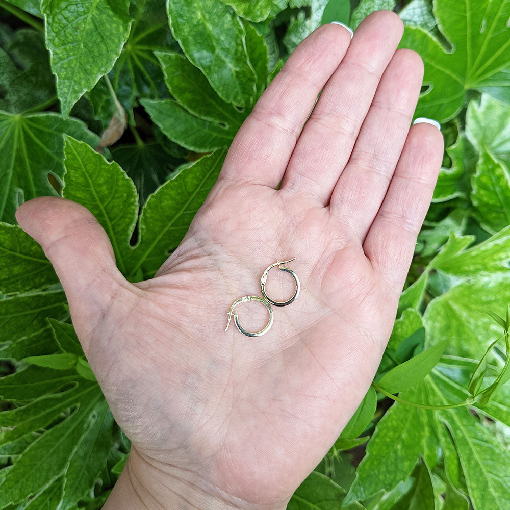 gold hoops in hand for scale