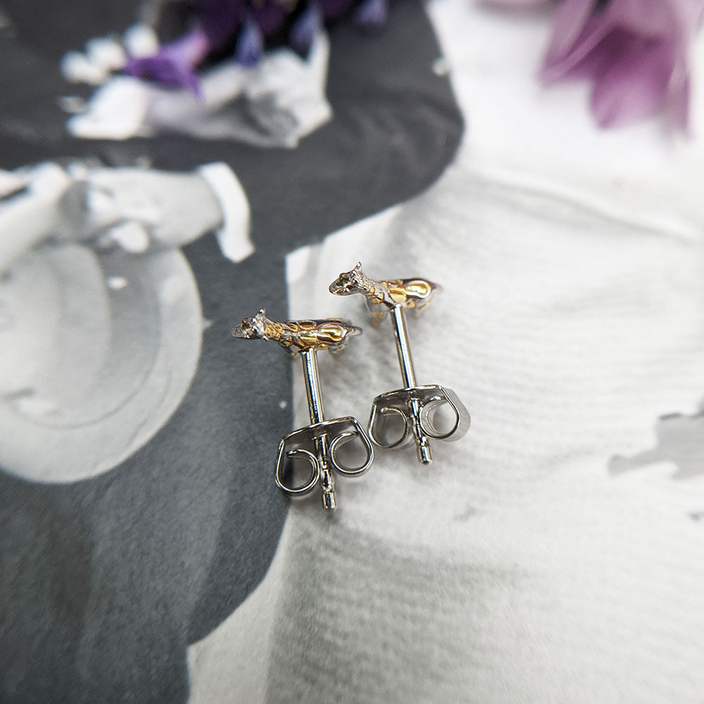 silver giraffe stud earrings with post and scroll
