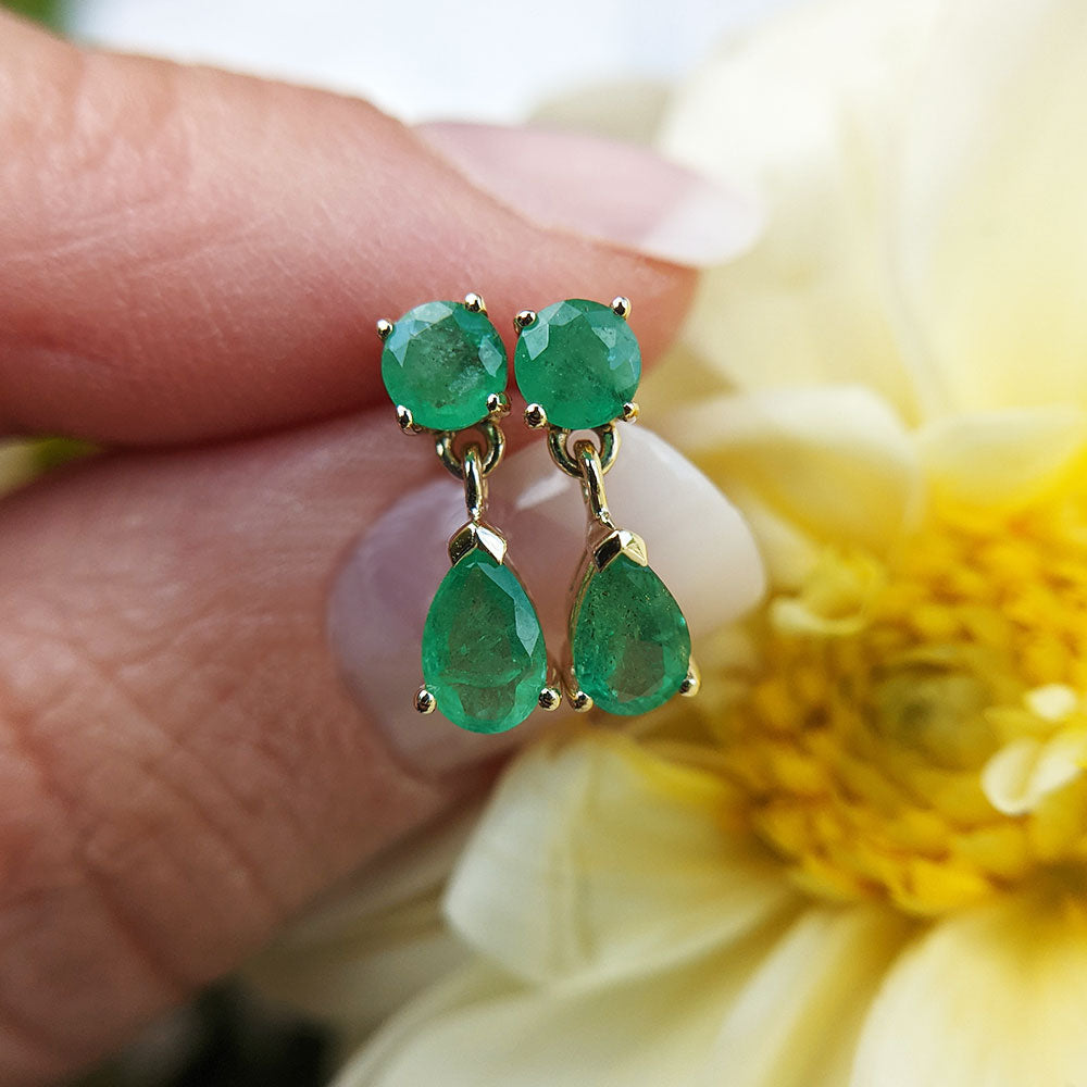 9ct Gold Dainty Pear Emerald Dangle Earrings