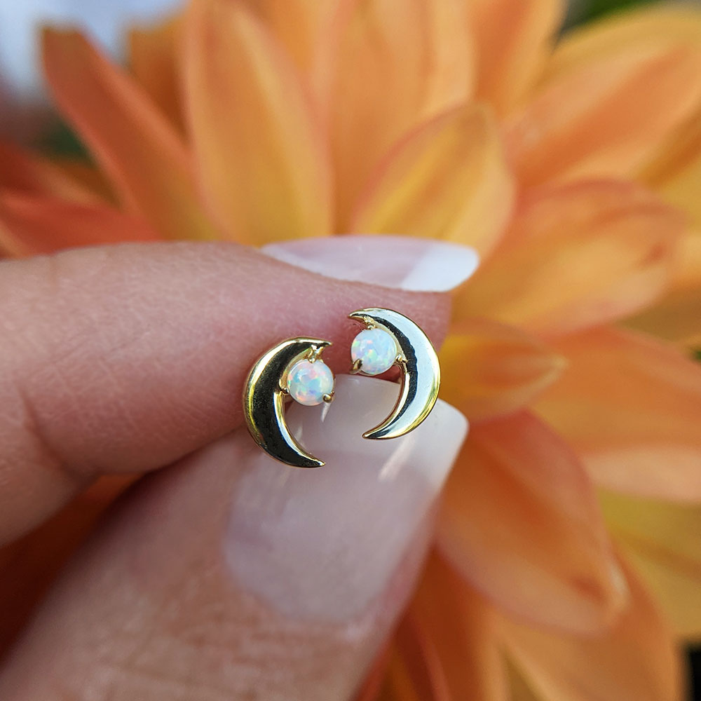 9ct yellow gold moon studs with opal