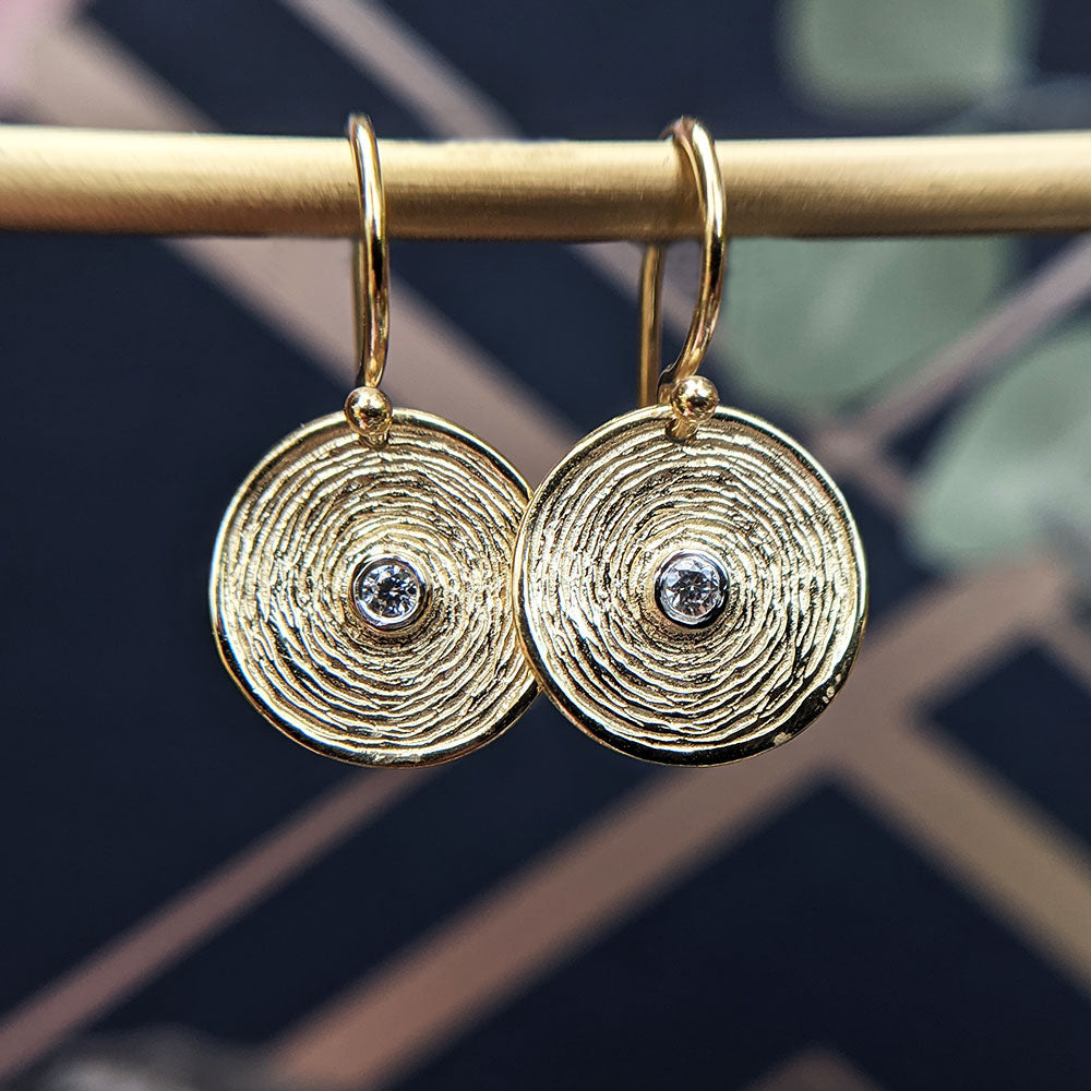 solid gold disc drop earring with woven textured look