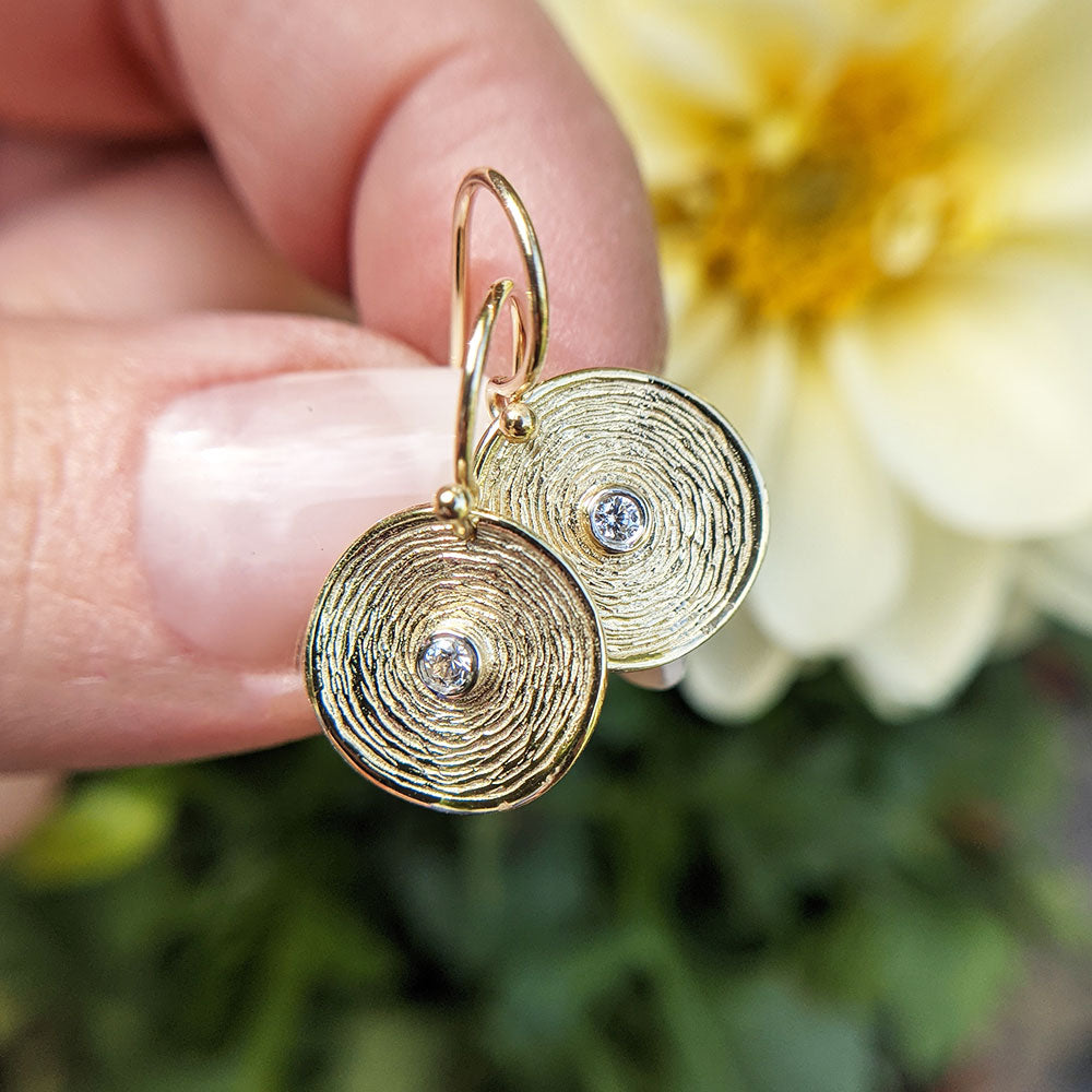 9ct Gold Textured Disc Drop Earrings with CZ - Main Image