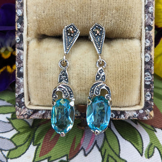 vintage style blue paste and marcasite drop earrings