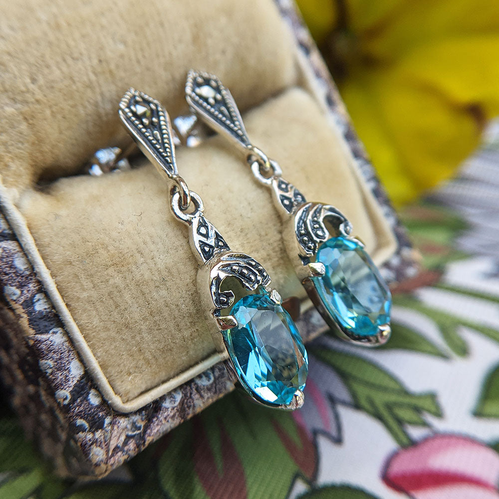 Faceted Aquamarine Dangle Earrings with Sterling Silver - March Birthstone  - Beadmask