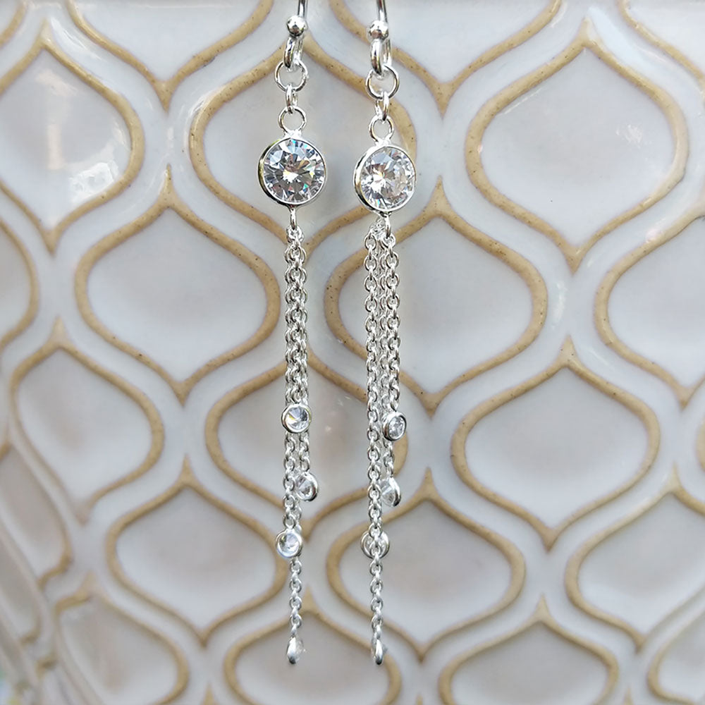 chain drop earrings in sterling silver with cz