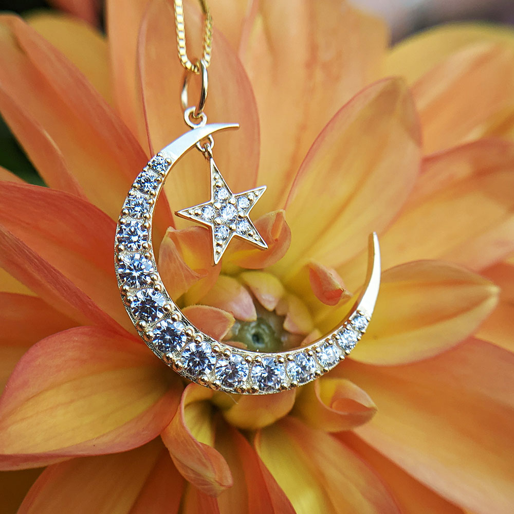 crescent moon and star pendant necklace in solid gold