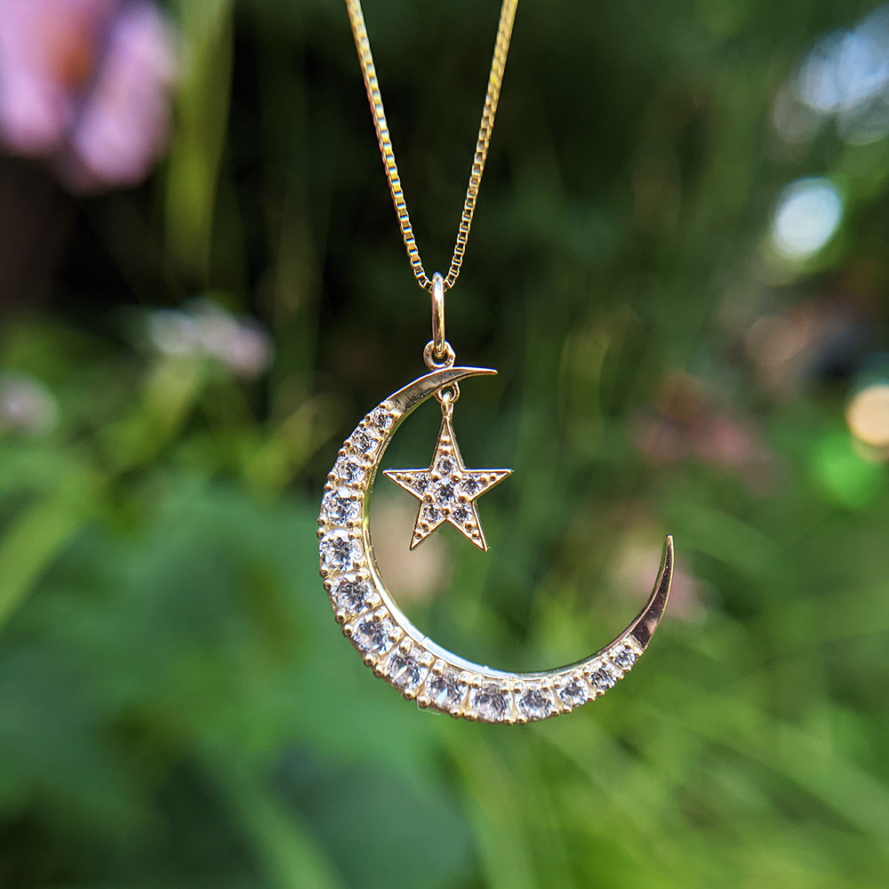 crescent moon and star pendant necklace in solid gold