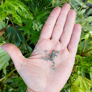 silver frog brooch in hand for scale