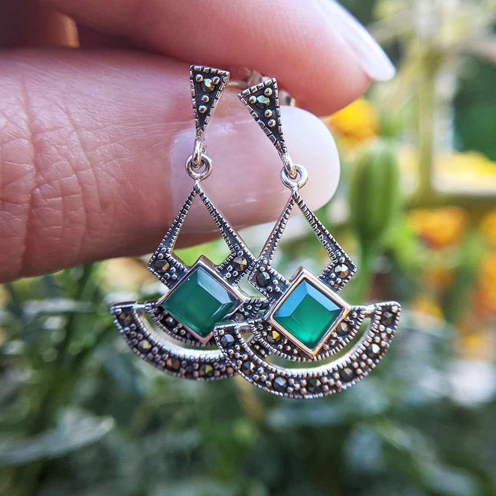 marcasite fan earrings with green stones
