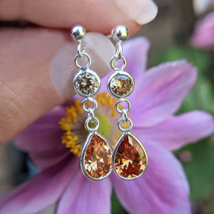 sterling silver double drop earrings with champagne coloured cubic zirconia stones