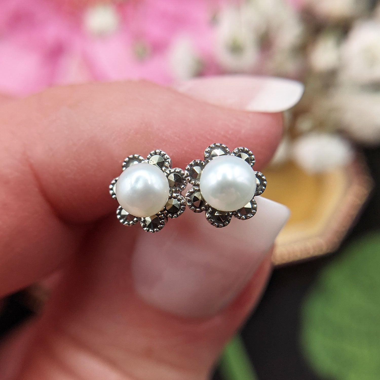 vintage style pearl and marcasite stud earrings